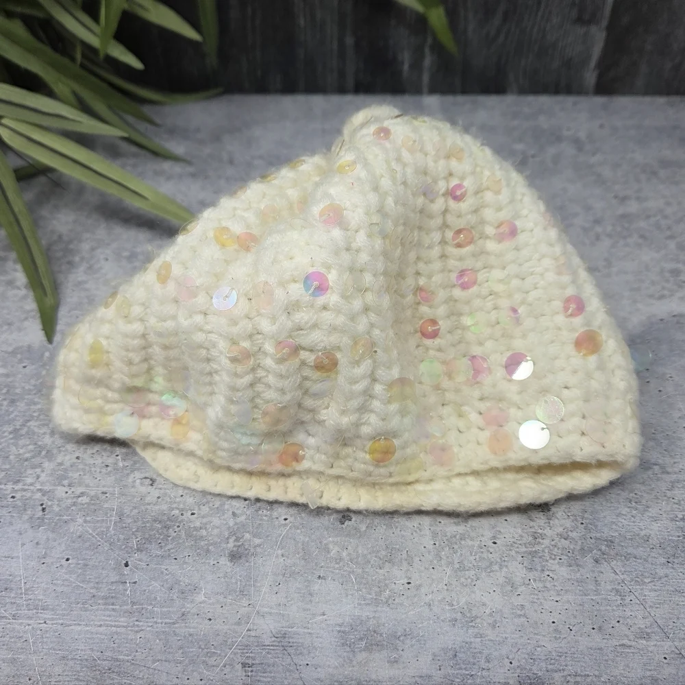 Justice Girls Cream Beanie Hat with Pastel Sequins